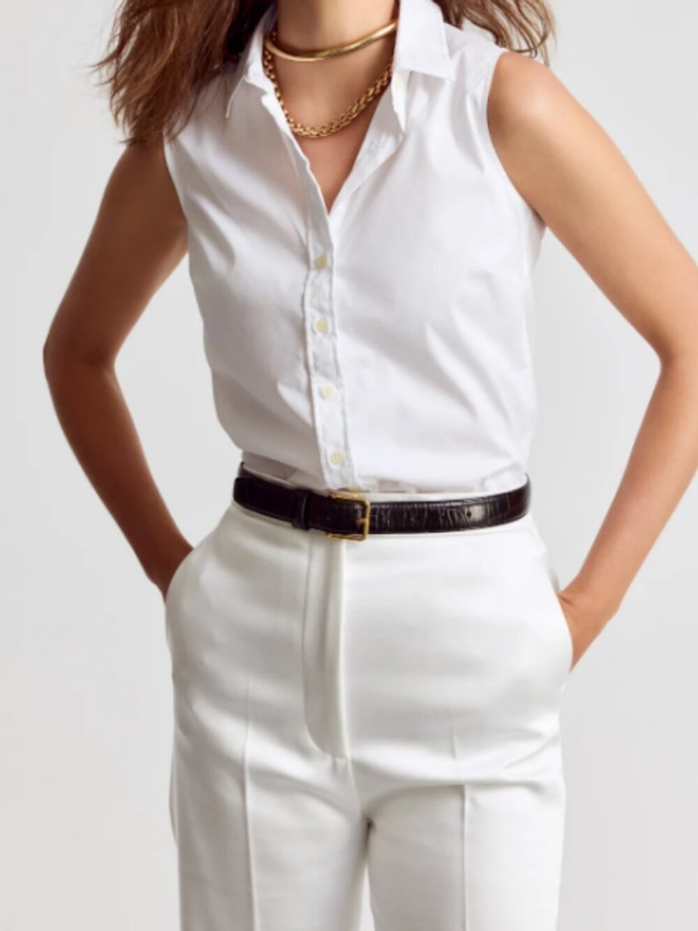 Sleeveless White Button-Front Shirt - Women's Top